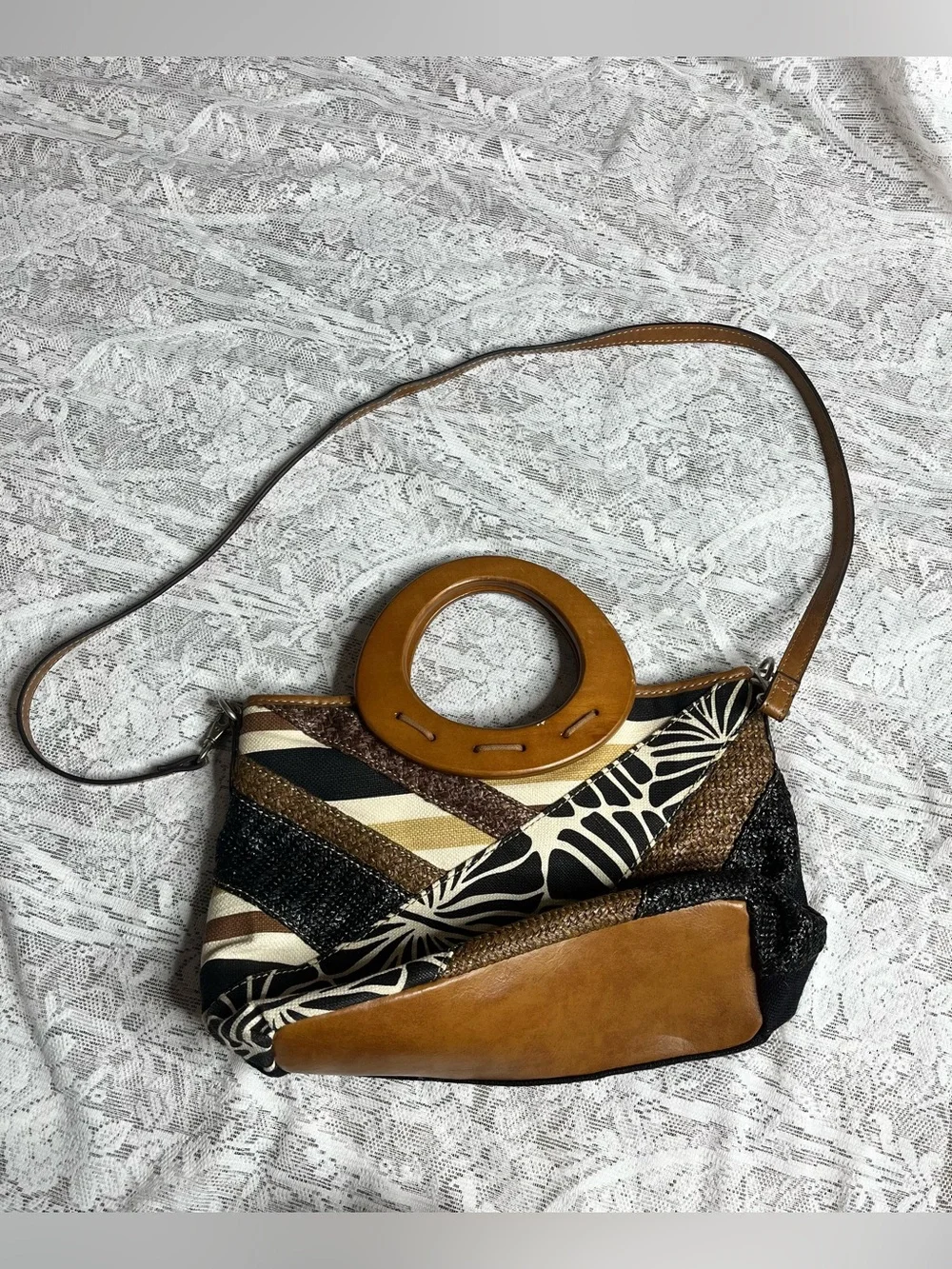 RELIC Canvas Patchwork Satchel Handbag with Wood Handles